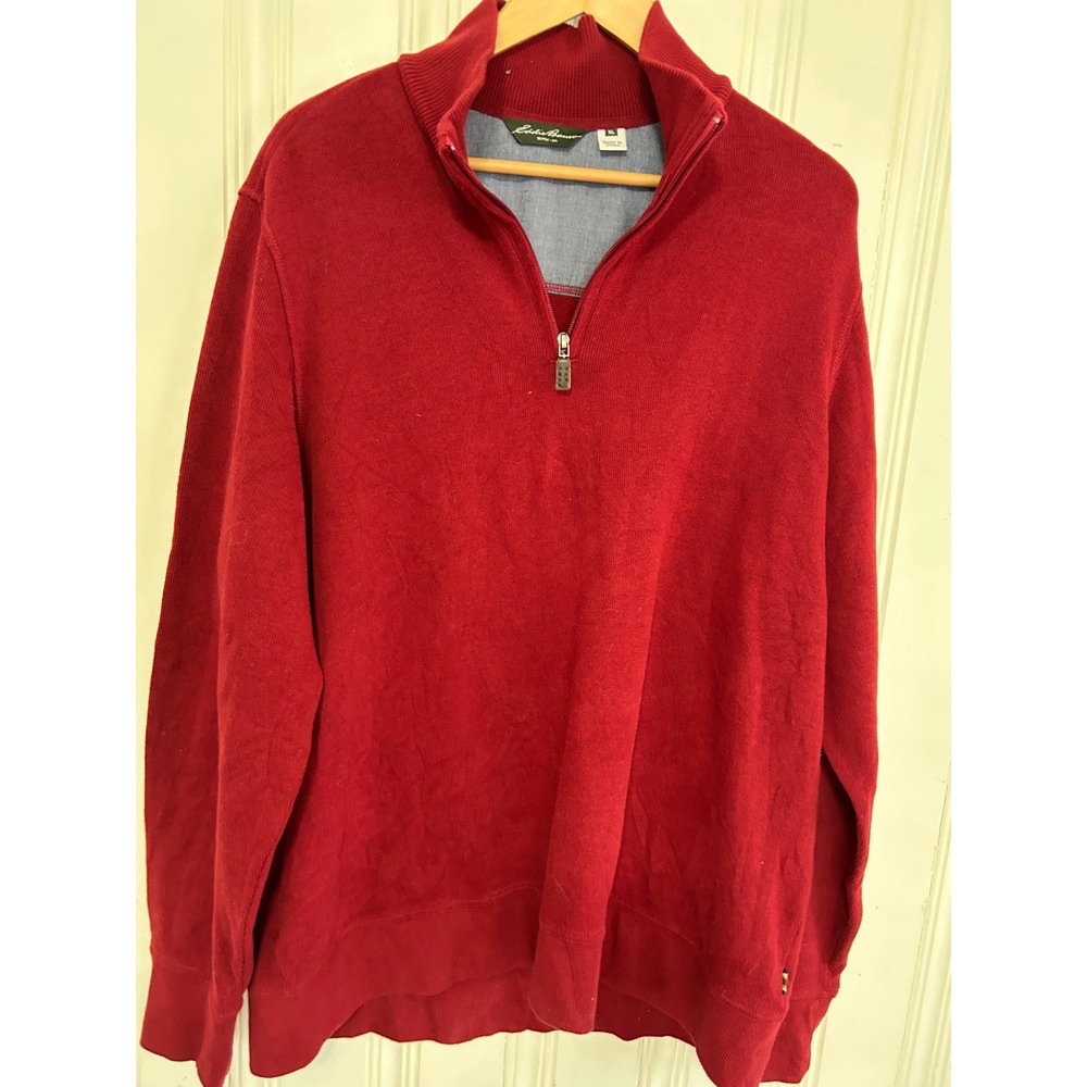 Eddie Bauer Mens XL 1/4 Zip Mock  Neck Pullover Sweater Brick Red 100% Cotton